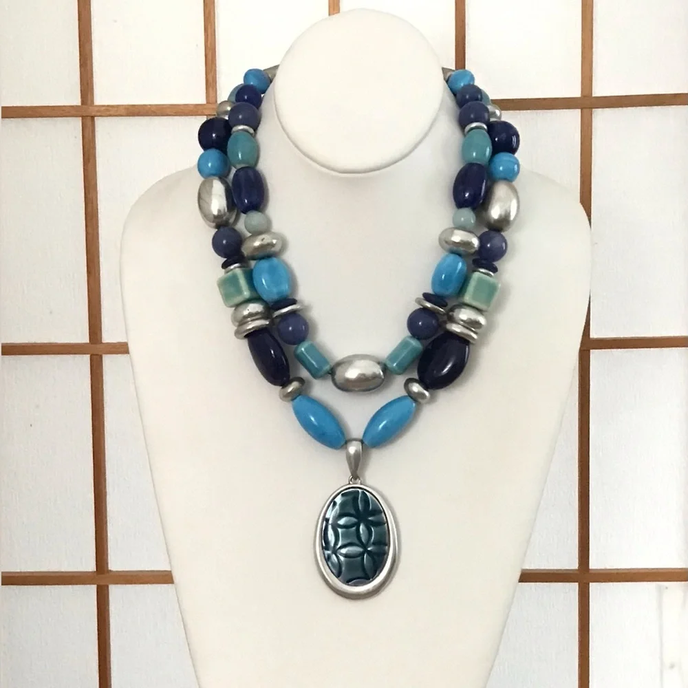 Chico’s Multi Strand Blue Ceramic Pendant Necklace - Picture 1 of 5